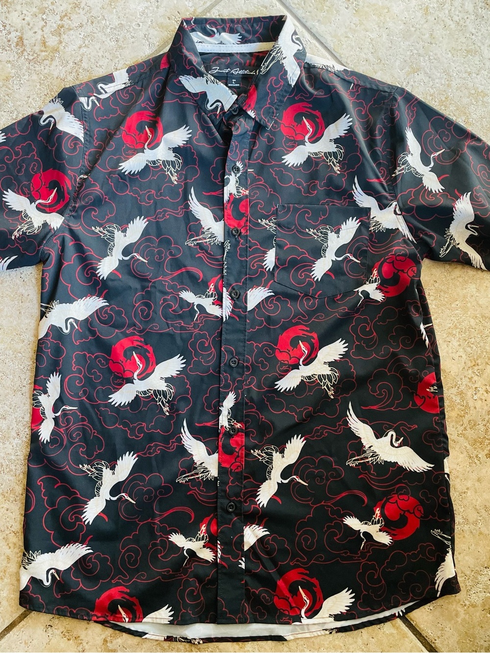 Cranes & Red Sun Graphic Button-Up Shirt